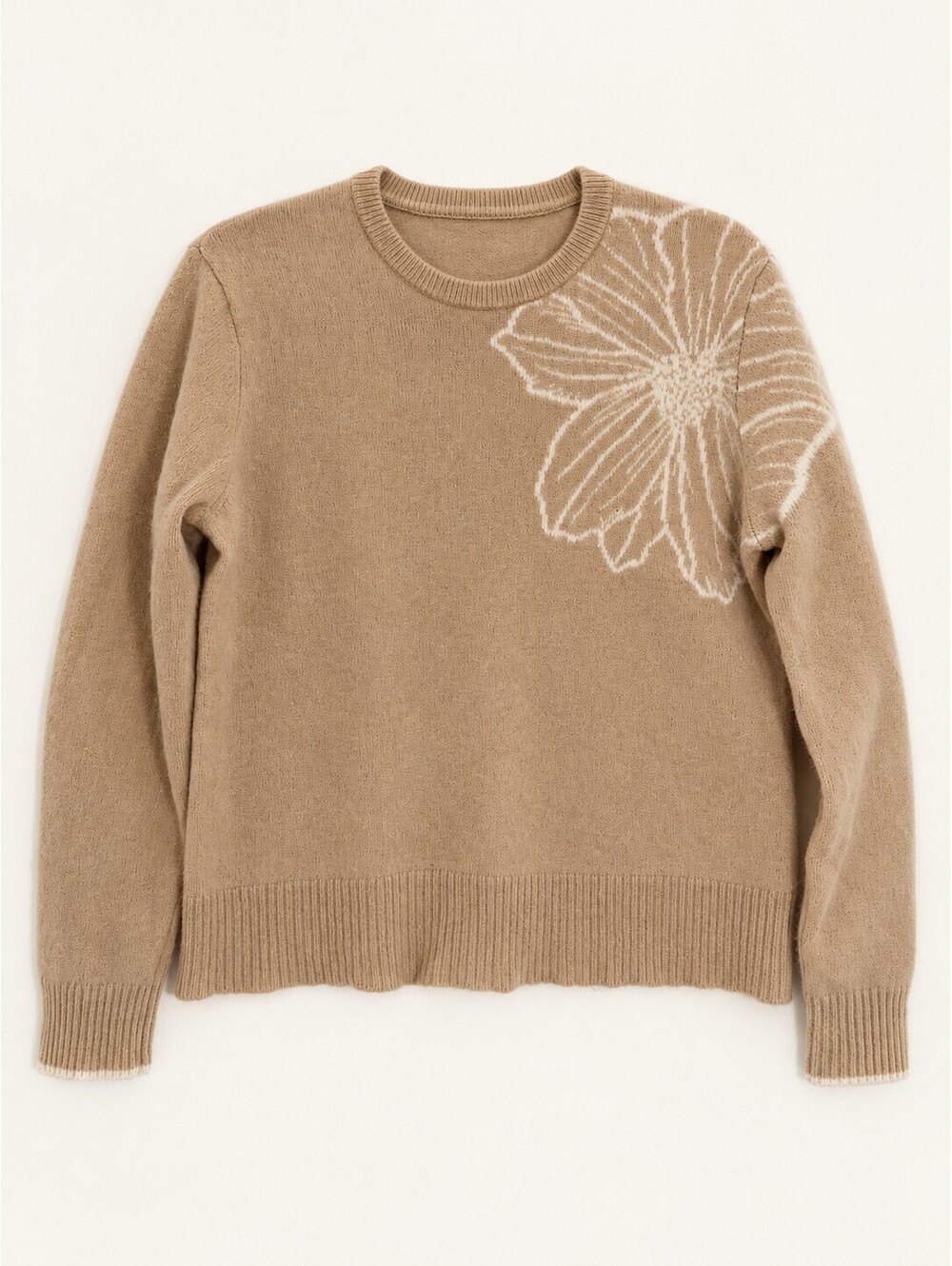 Alashan Women's 100% Cashmere Floral Crewneck Sweater Beige XL